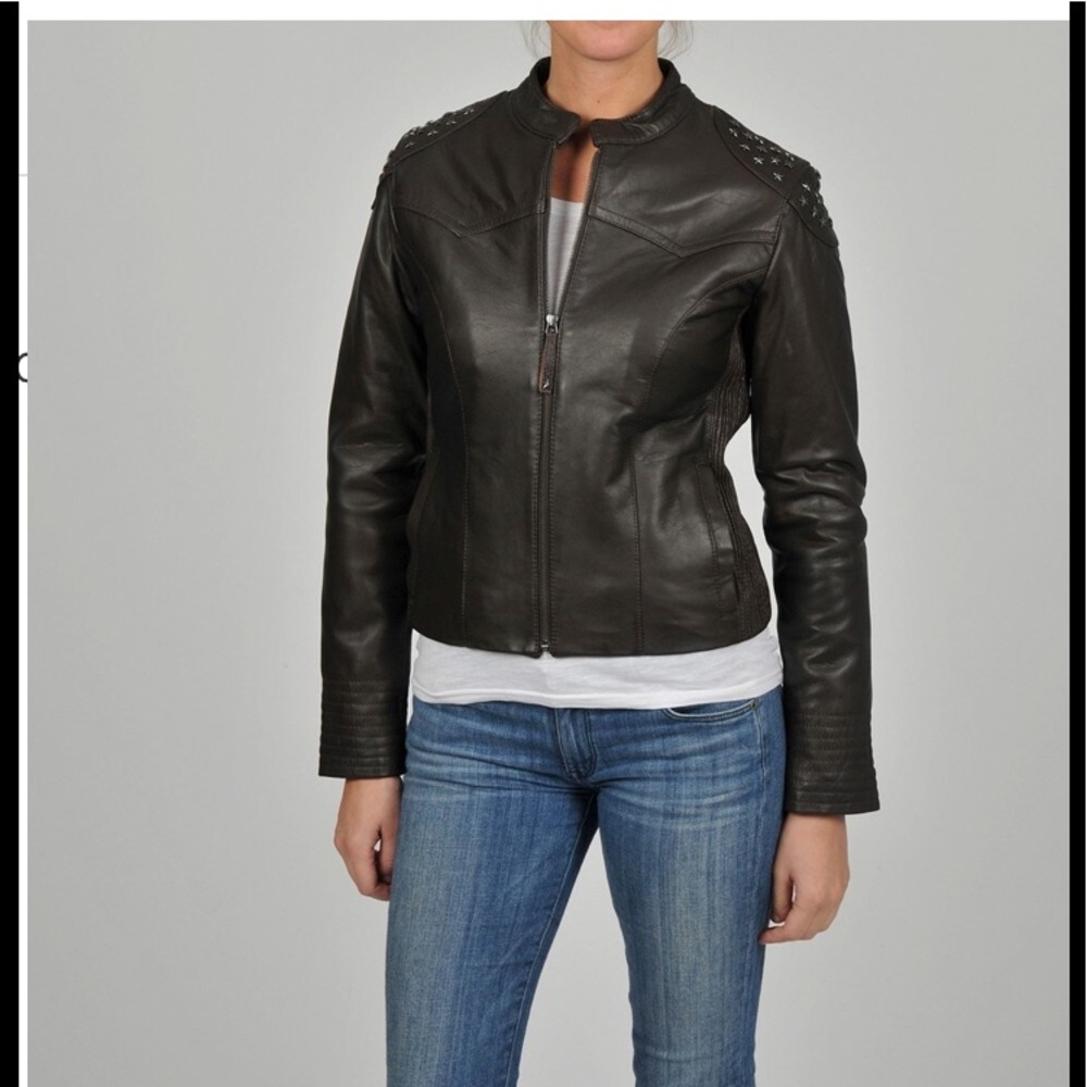 KNOLES & CARTER Size XXL Brown Leather STRETCH Metal STAR Embellished $288 NEW